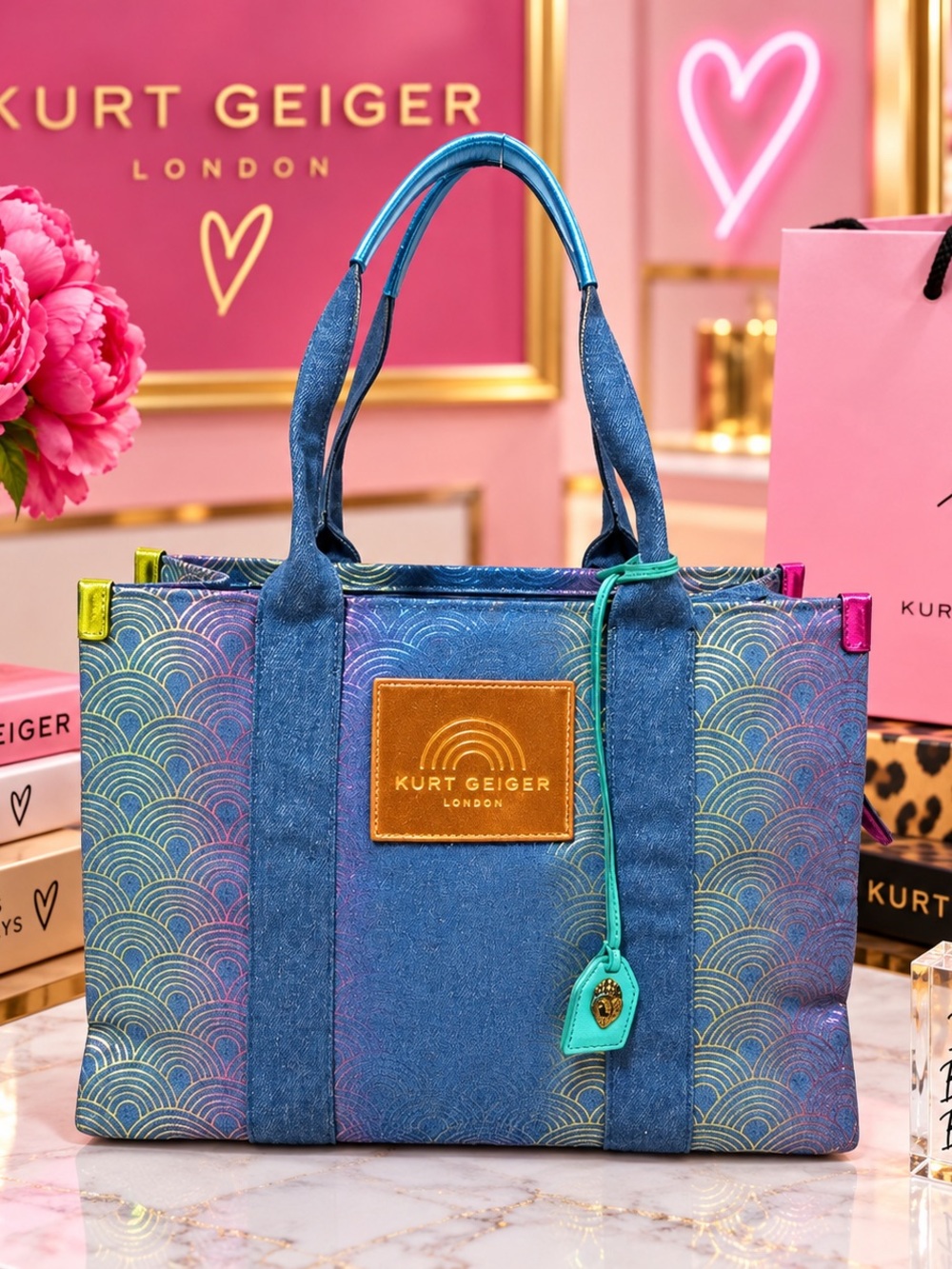 Kurt Geiger London Southbank Iridescent Blue Denim Tote with Multicolor Accents🌈
